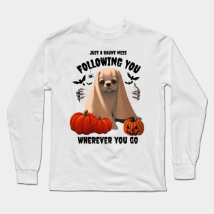 Halloween Ghost Fluffy French Bulldog Puppy in Cheesecloth Funny Halloween Season Long Sleeve T-Shirt